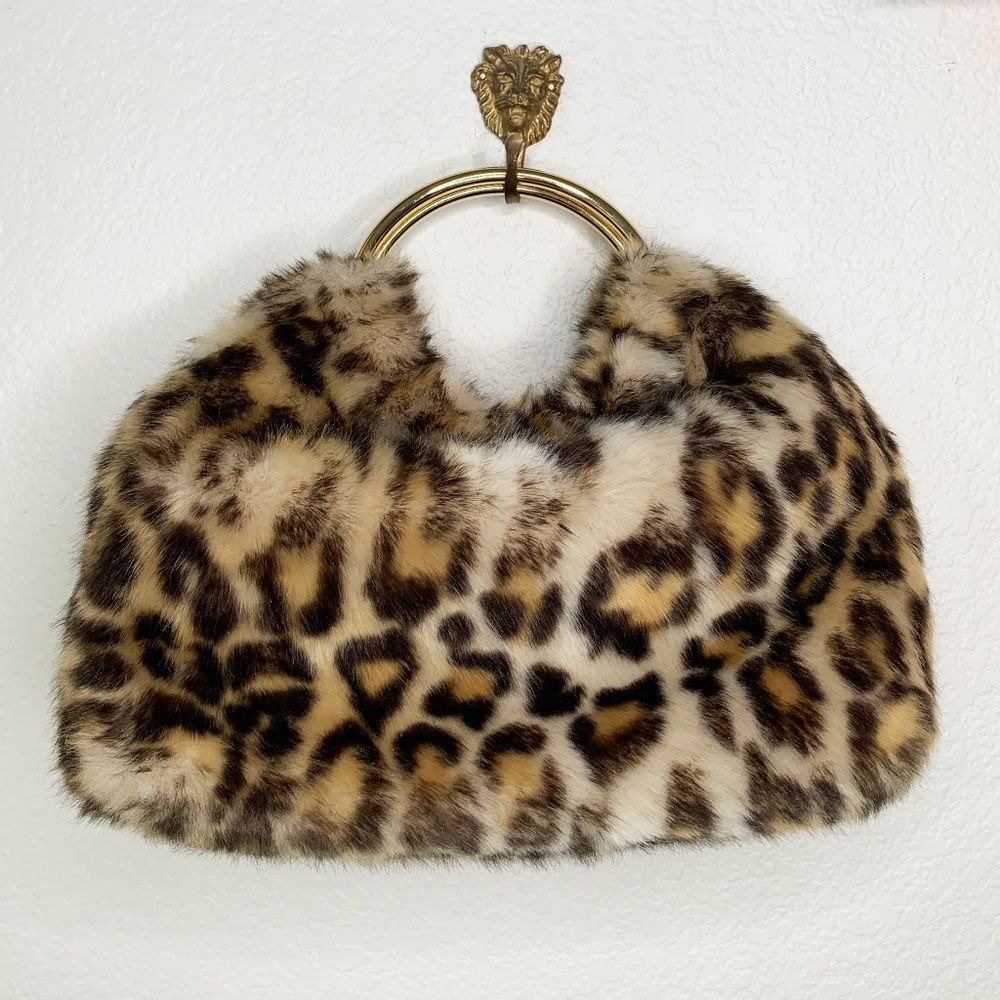 Fuzzy Leopard Handbag with Gold Metal Hoop Handles
